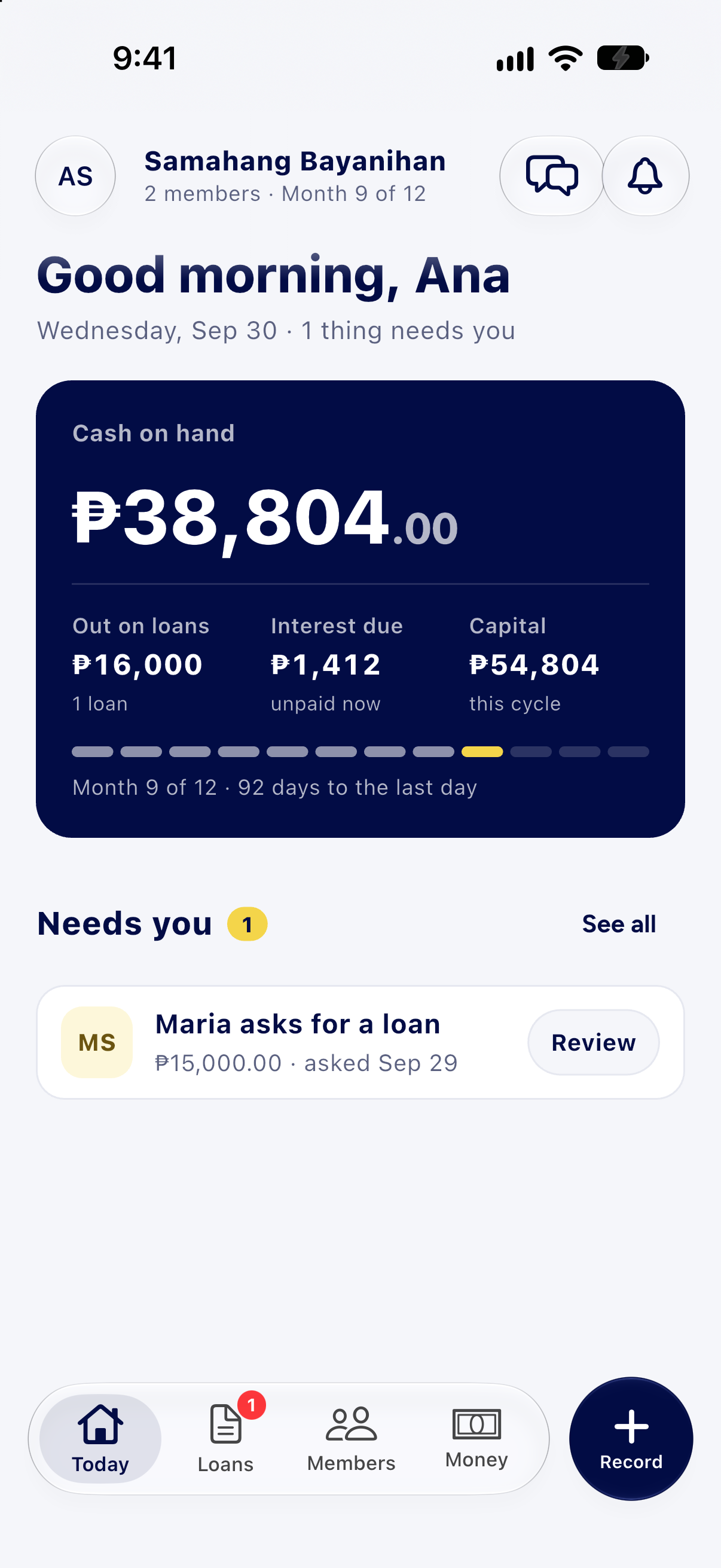 Tinubuan’s iOS Today screen with example group balances and floating Liquid Glass navigation. iOS app coming soon.